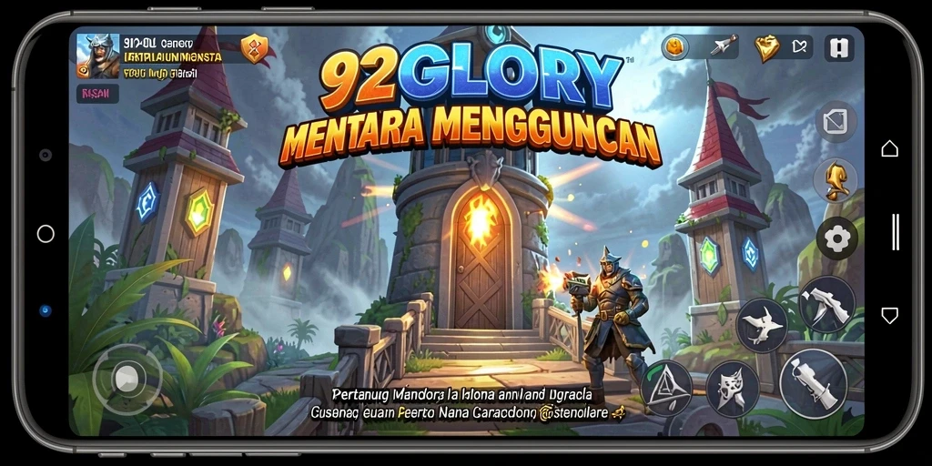 Screenshot gameplay 92GLORY yang menampilkan menara dan serangan musuh.