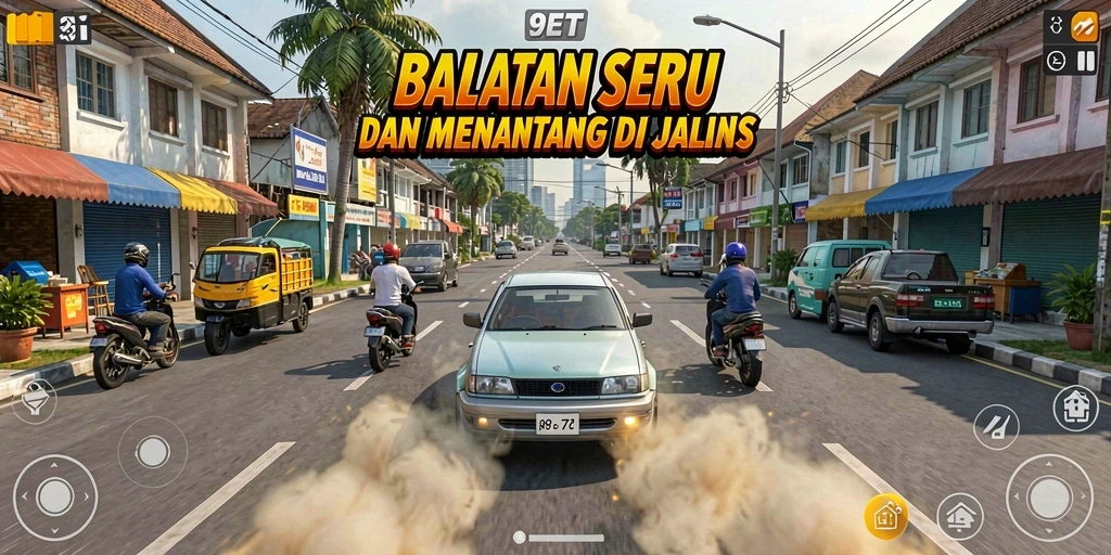 Screenshot gameplay 9ET yang menampilkan aksi balapan yang mendebarkan.