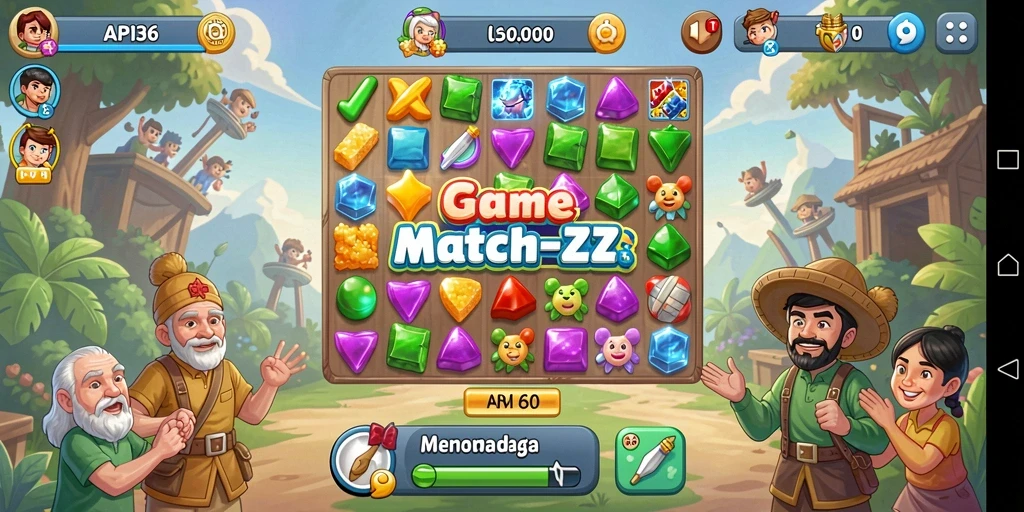 Screenshot gameplay API36 dengan pencocokan item di papan permainan Match-3.