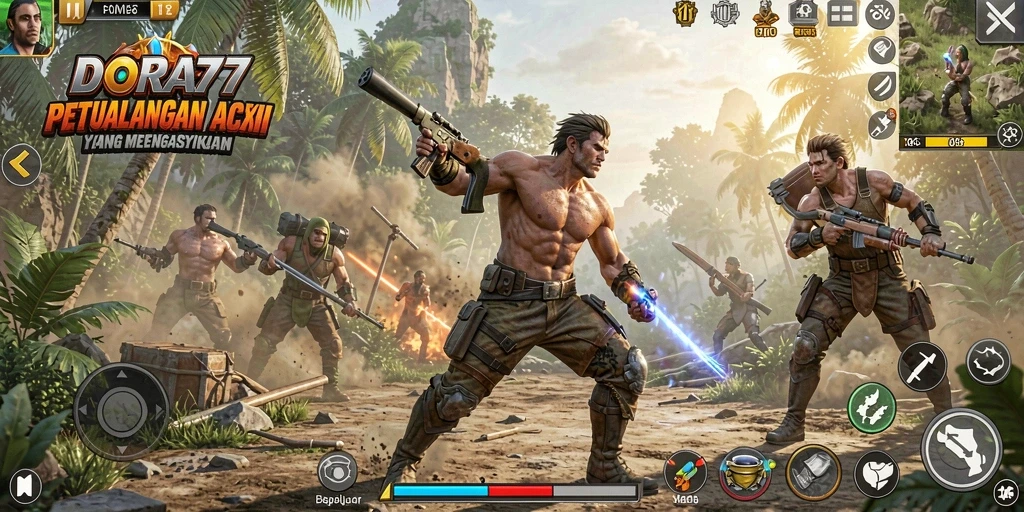 Tangkapan layar DORA77 menampilkan aksi intens dalam gameplay.