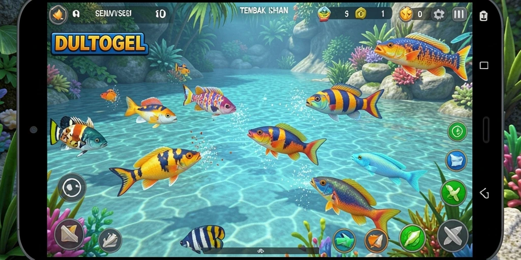 Tampilan gameplay DULTOGEL saat menembak ikan di bawah laut.