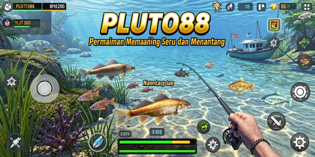 Screenshot utama PLUTO88 menunjukkan aksi seru memancing di laut biru.