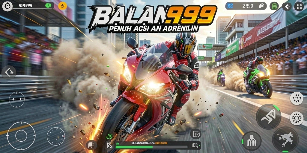 Tangkapan layar gameplay RR999 menampilkan aksi balapan motor yang mendebarkan.