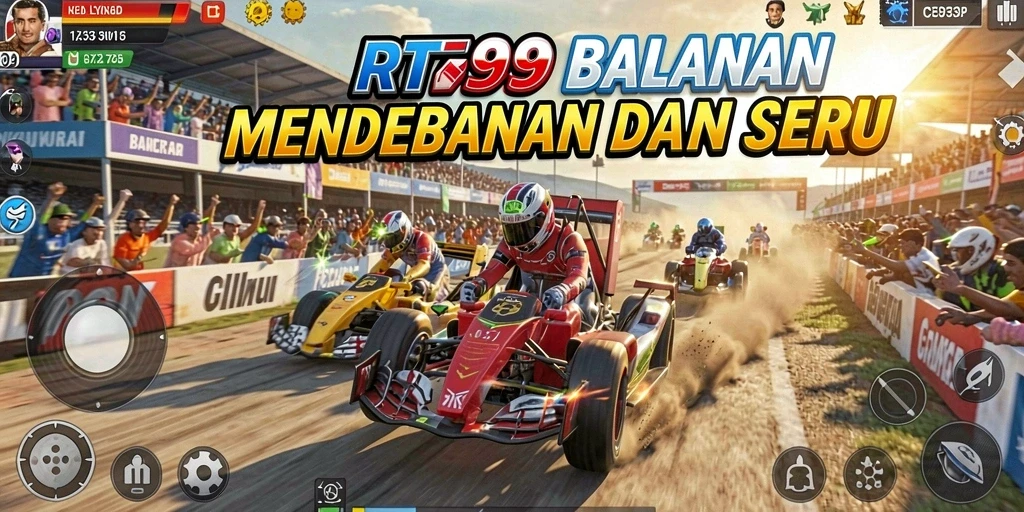 Screenshot utama RT99 menampilkan aksi balapan seru dan grafis yang mengagumkan.