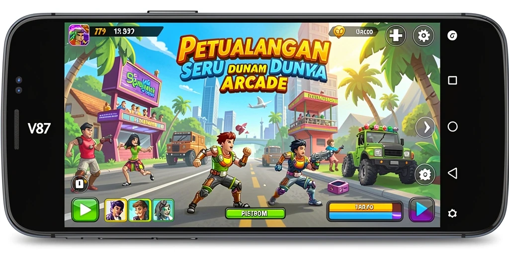 Screenshot V87 menunjukkan gameplay arcade yang penuh warna dan seru.