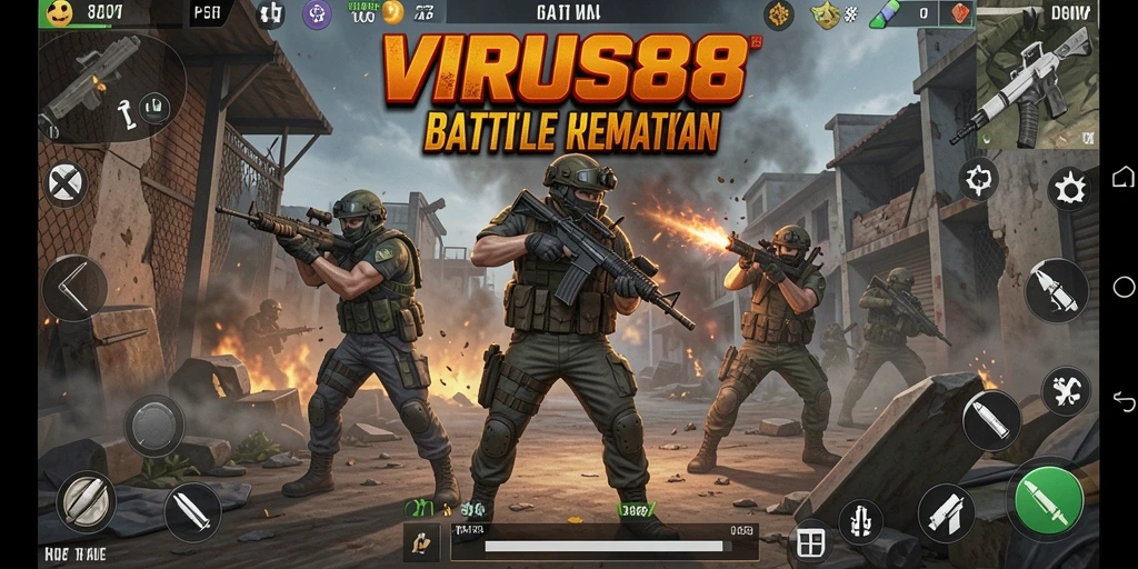 Tampilan gameplay menegangkan di dalam VIRUS88 saat pemain bertarung.